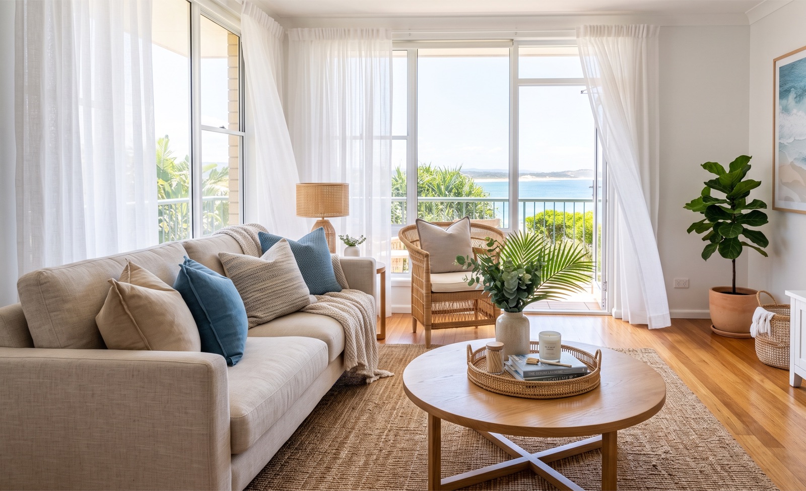 A styled short-term rental living room, freshly cleaned and guest-ready