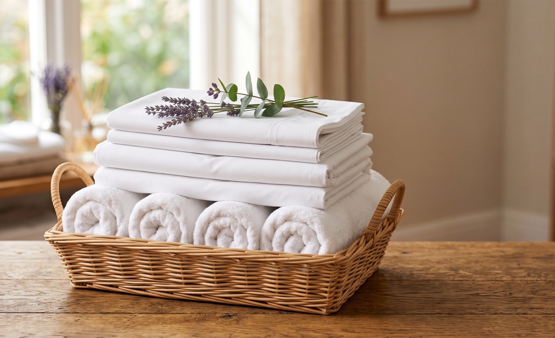 Fresh hotel-quality white linens folded and ready for delivery